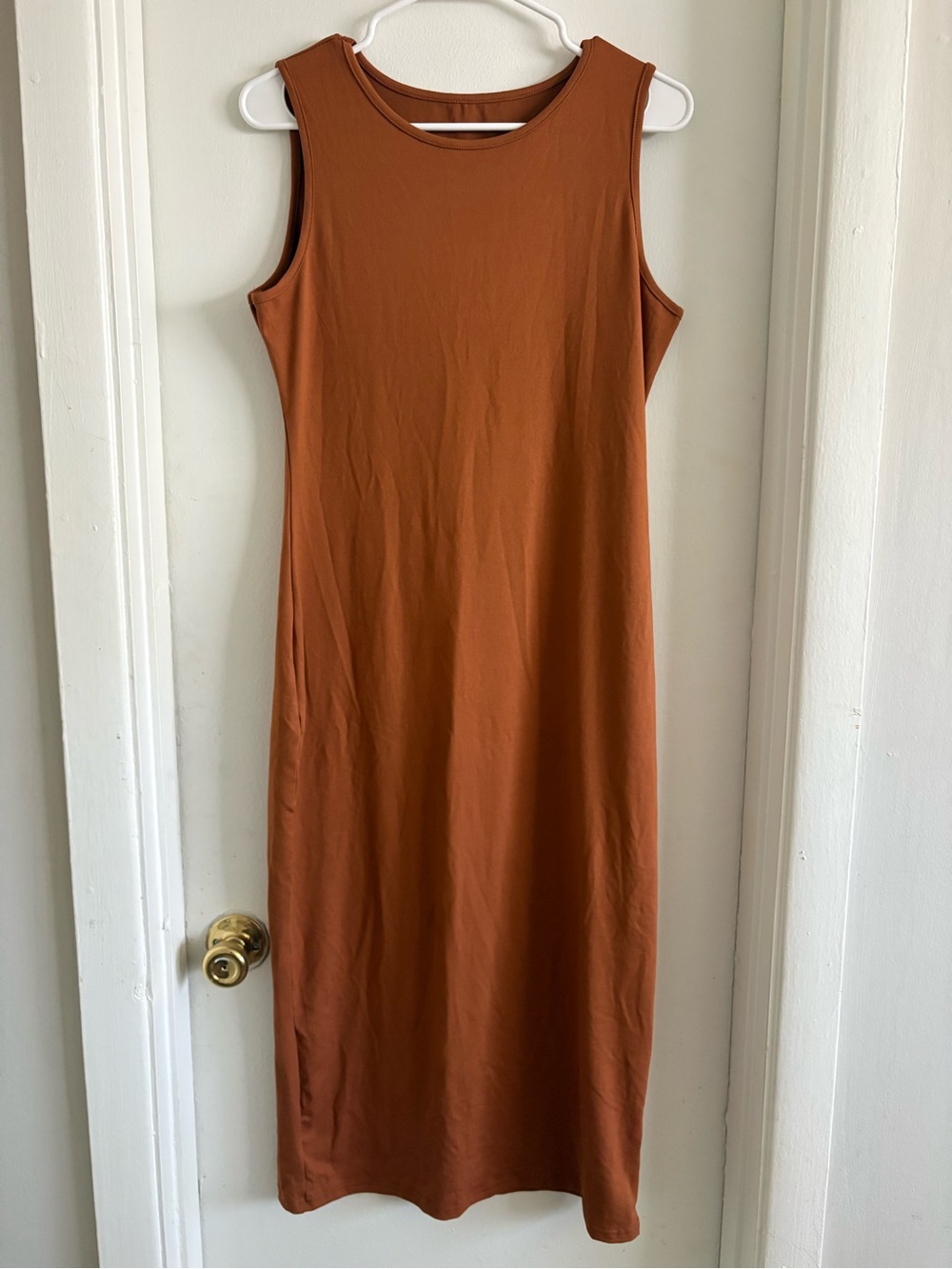 Sleeveless Rust Midi Dress, Minimal Everyday Style